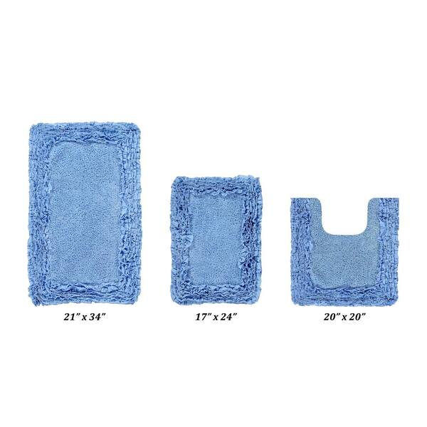 Better Trends Shaggy Border Collection 3 Piece Blue 100% Cotton Bath Rug Set - (17" x 24" : 20" x 20" : 21" x 34")