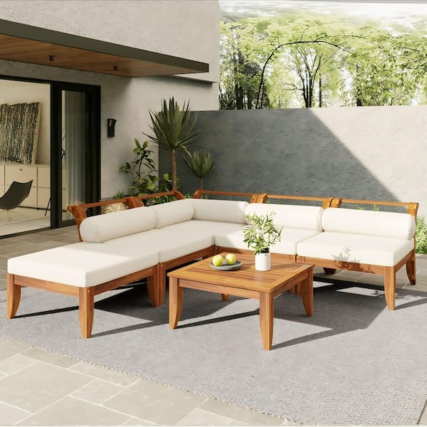 6 Piece Acacia Wood Outdoor Garden Water Resistant Sectional Set