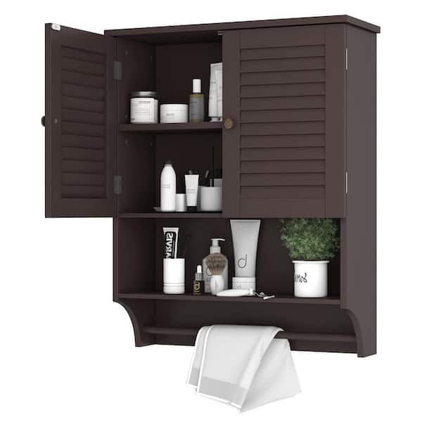 Dracelo 23.6 in. W x 8.9 in. D x 29.3 in. H Espresso Bathroom Over The Toilet Cabinet with Adjustable Shelves and Towels Bar