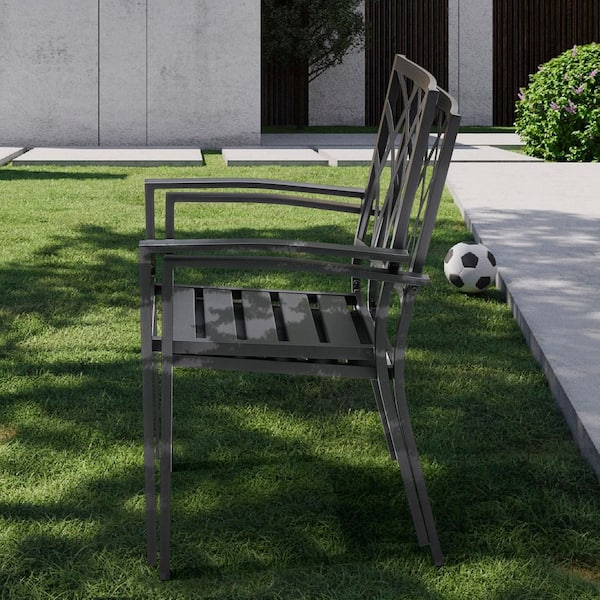 Black Iron Stackable Outdoor Patio Chairs with Powder-Coated Finish (2-Pack)