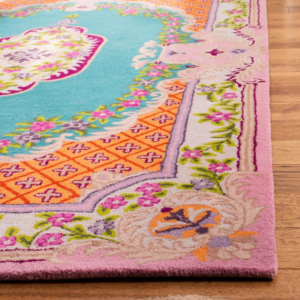 Handmade Tufted Wool-Viscose Blend Rectangular Rug in Blue/Pink, 8' x 10'