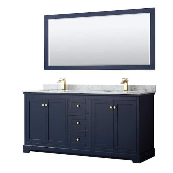 Wyndham Collection Avery 72 in. W x 22 in. D Bath Vanity in Dark Blue with Marble Vanity Top in White Carrara with White Basins and Mirror