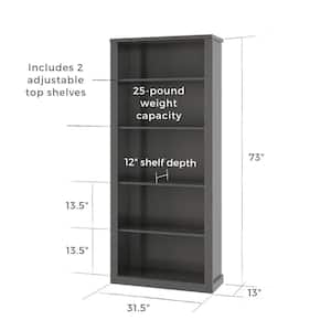 Elaine 72 in. Dark Gray Wood 5-Shelf Standard Bookcase with Adjustable Shelves