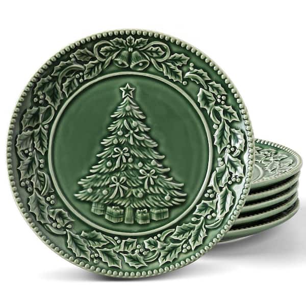 6-Piece Christmas Tree Embossed Green Ceramic Salad Plate Set for Holiday Dining (Service for 6)