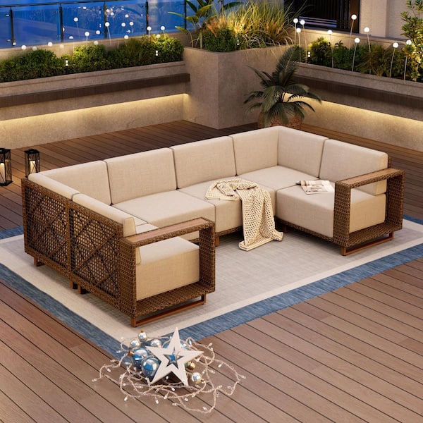Brown Rattan Wicker 6 Seat 6-Piece Steel Outdoor Sectional Set with Beige Cushions