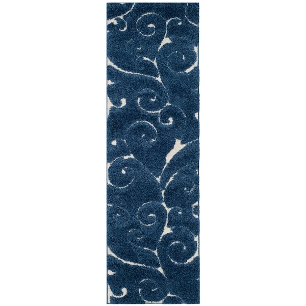 Florida Shag Dark Blue/Cream 2 ft. x 19 ft. Floral Runner Rug