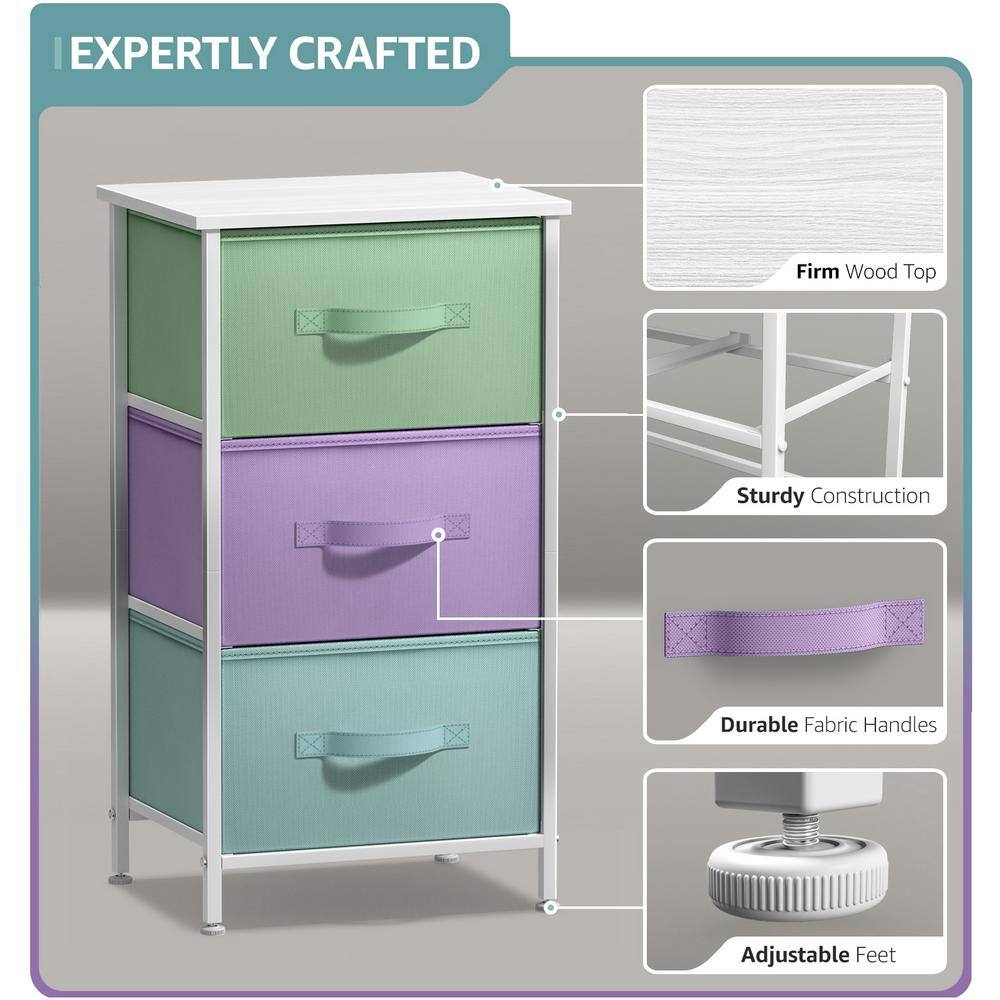 Sorbus Pastel White 3-Drawer Nightstand with Steel Frame