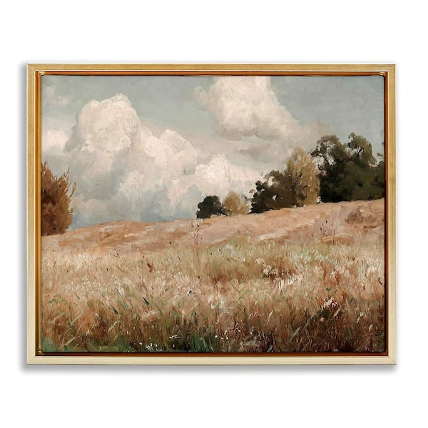Stupell Industries Classic Cloudy Field Landscape by Lettered and Lined 1-Piece Gold Floater Frame Nature Graphic Art Print 17 in. x 21 in.