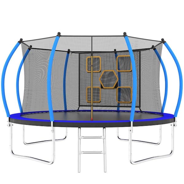 Unbranded 14 ft. Blue Outdoor Recreational Trampoline with Enclosure and Ladder