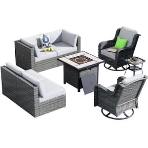 Poseidon Gray 8-PieceWicker Outerdoor Patio Fire Pit Set and with Gray Cushions and Swivel Rocking Chairs