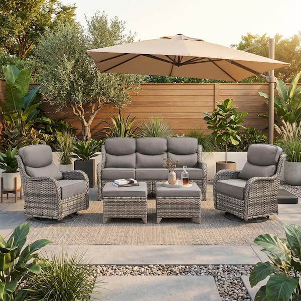 Novaswivel Gray 5-Piece Wicker Patio Conversation Set with 6 in. Olefin Gray Cushions, 2 Swivel Chairs & Ottomans