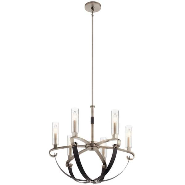 KICHLER Artem 27 in. 6-Light Classic Pewter Contemporary Candlestick Cylinder Chandelier for Dining Room