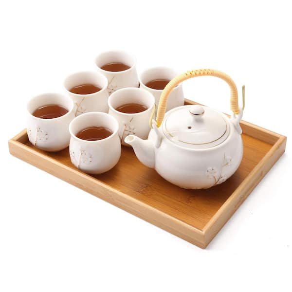 Numhew 9-Piece 6-Cup White Porcelain Teapots Set with 1-Teapot, 6-Tea Cups, 1-Tea Tray and 1-Stainless Infuser