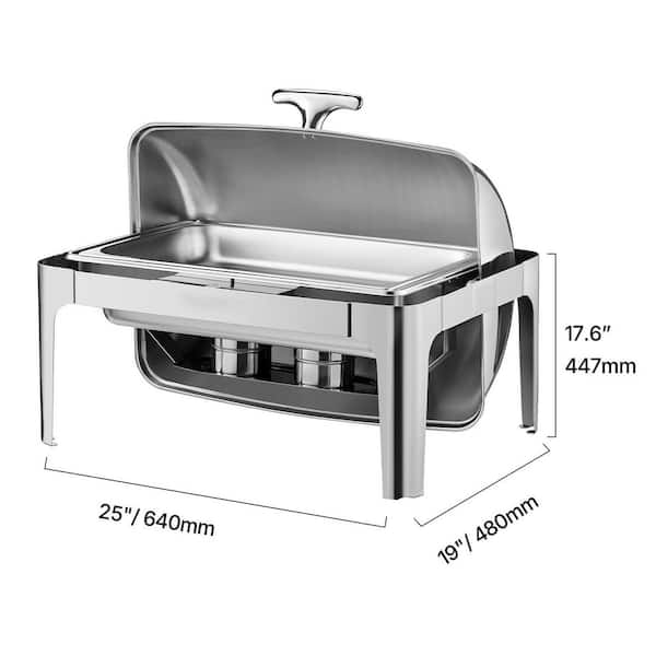 9 qt. Stainless Steel Chafer with Full Size Pan, Roll Top Chafing Dish Buffet Complete Set, Rectangle, Silver