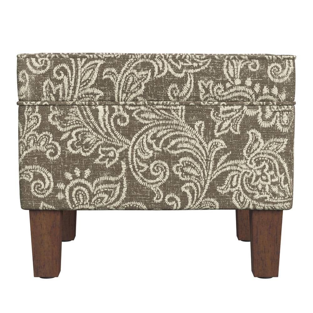 Brown Jacobean Print Upholstered Storage Ottoman with Hinged Lid