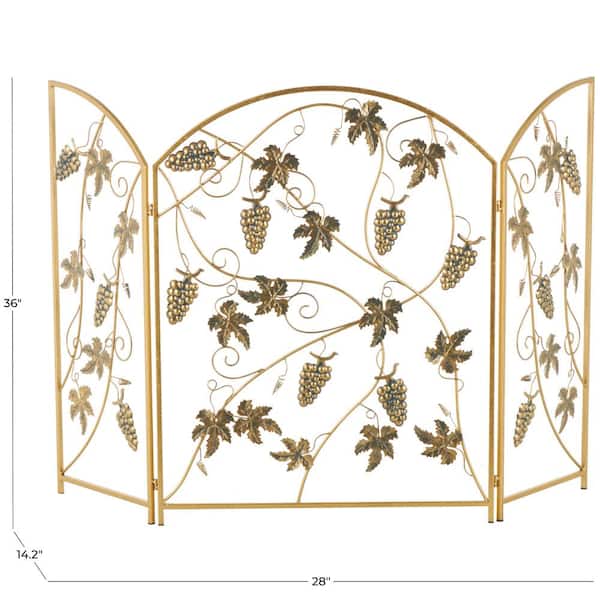 Litton Lane Gold Metal Fruit Foldable 3 Panel Fireplace Screen with Leaf Accents