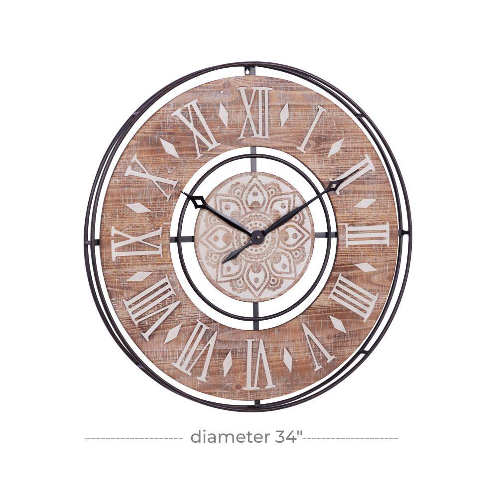 34" Brown Metal and Wood Industrial Wall Clock