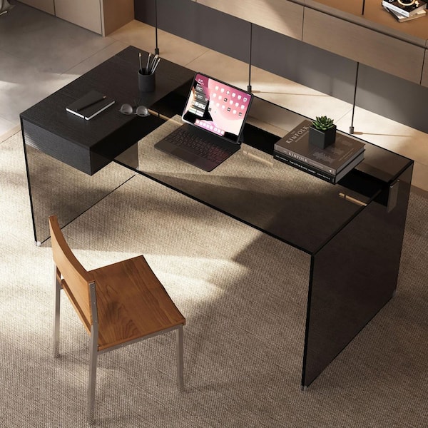 THE RIGHT PATH 53.14 in. rectangular black tempered glass Desk with storage, 2 wooden drawers