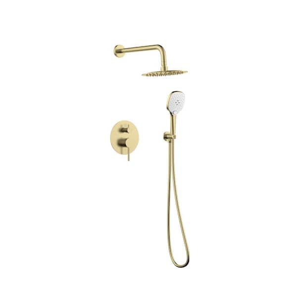 Unbranded Timeless Home 3-Spray Wall Mounted 8 in. Complete Shower Faucet System with Rough-In Valve in Brushed Gold