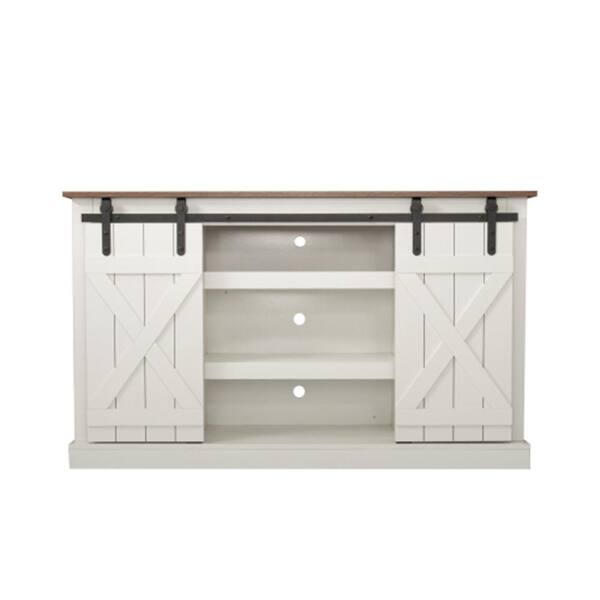  WAMPAT Farmhouse Sliding Barn Door TV Stand for TVs Up to 65  inch, Modern Storage Entertainment Center, Wood Media Console Table Cabinet  3-Level Adjustable Shelf for Living Room, White/Oak : Home