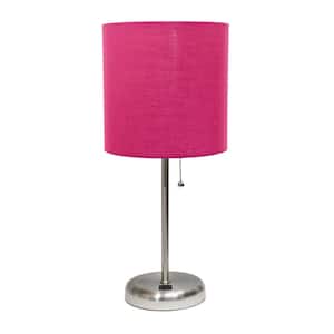 19.5 in. Brushed Steel/Pink Contemporary Bedside USB Port Feature Standard Metal Table Desk Lamp