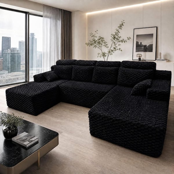 135 in. Square Arm 3-Piece Chenille U-Shaped Foam-Filled Sectional Sofa in Black, Compressed Sofa