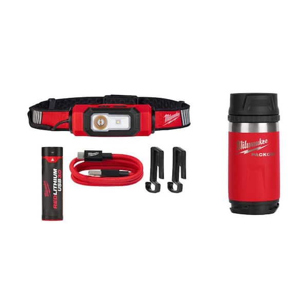 600 Lumens LED REDLITHIUM USB 360° Visibility Hard Hat Headlamp with PACKOUT Red 12 oz. Insulated Bottle with Sip Lid