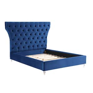 Bellagio Navy Blue Tufted Velvet California King Platform Bed with Acrylic Legs