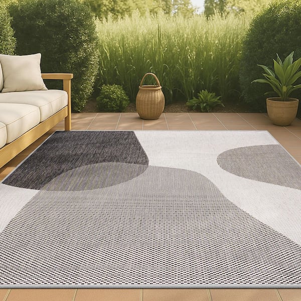 Zia Modern Geometric Organic Shapes Cream/Black 3 ft. x 5 ft. Indoor/Outdoor Area Rug