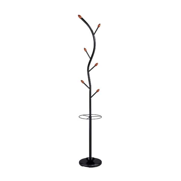 ORE 76 in. Billie Black Tree Coat Rack Walnut Hooks with Umbrella Stand