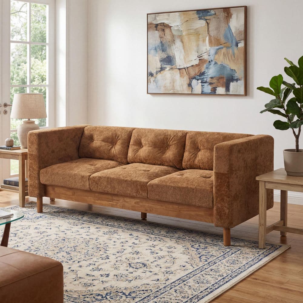 78 in. Square Arms Chenille Tufted Upholstered Rectangle 3-Seater Sofa in Orange with Natural Finish Solid Wood Legs price history on PriceWatchPro
