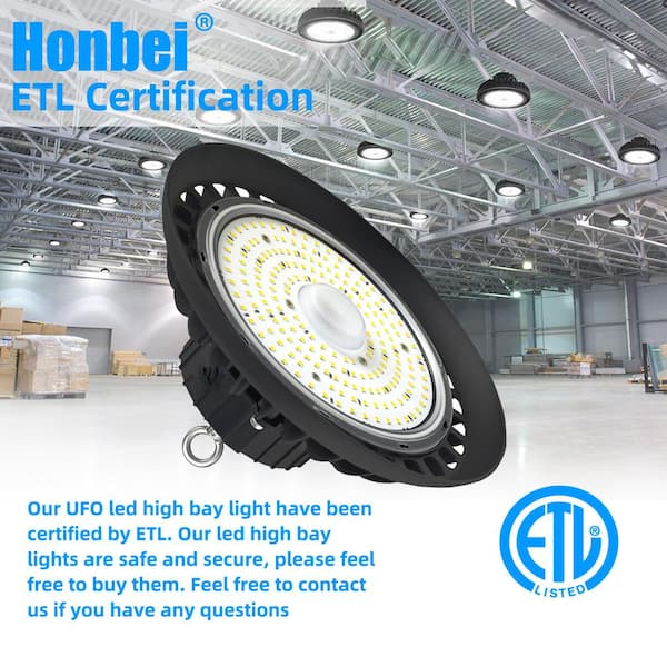 Honbei 11 in. 450-Watt Equivalent Integrated LED Dimmable Black High Bay Light, 5000K UFO High Bay Lights with US Plug 5' Cable