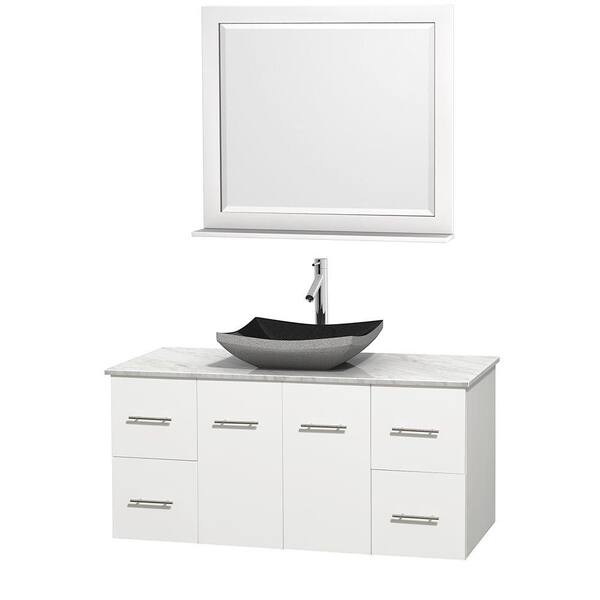 Wyndham Collection Centra 48 in. Vanity in White with Marble Vanity Top in Carrara White, Black Granite Sink and 36 in. Mirror