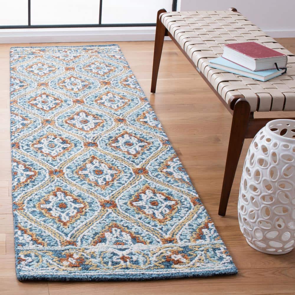 Handmade Navy and Yellow Floral Wool Runner Rug