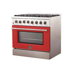 Galiano 36 in. 5.36 cu. ft. Freestanding Gas Range with 6 Burners and Electric Oven in. Stainless Steel with Red Door