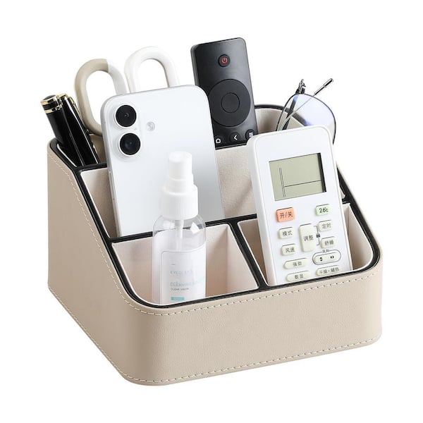 Beige PU leather remote control caddy, a rounded bedside organizer， 6. 8in x 6. 7in