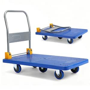 2-Tier Collapsible Utility Cart With Foot Brake - Foldable Shopping Cart With Basket, Blue