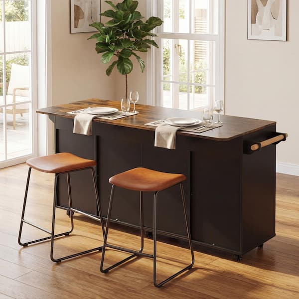 FUFU&GAGA Oak and Black Wood 63 in. W Kitchen Island with 4