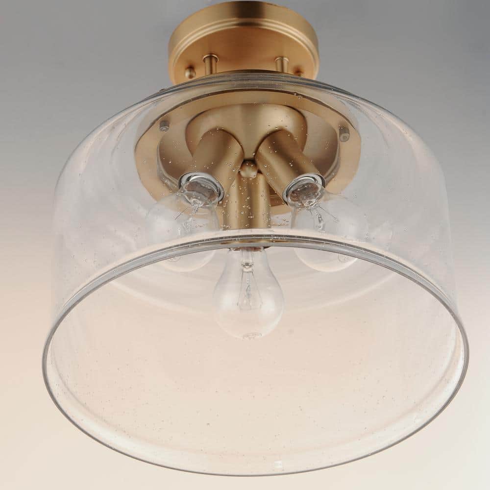 Heritage Brass and Clear Seedy Glass 3-Light Semi-Flush Mount