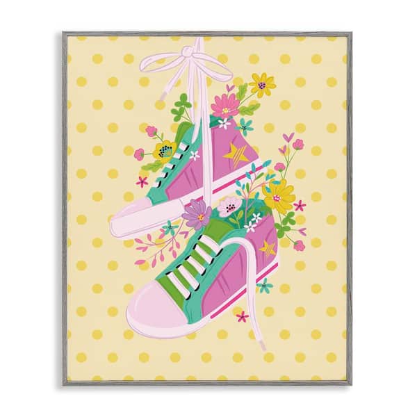 Preppy Floral Sneakers by Lisa Perry Whitebutton Gray Framed Abstract Giclee Art Print 30 in. x 24 in.