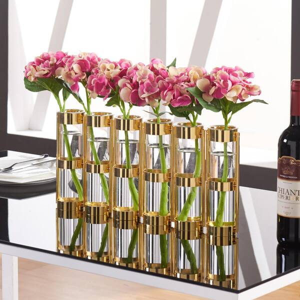 DANYA B 9 in. H. Glass Decorative Vase -Tube Hinged Vases on Rings Stands Metallic Gold
