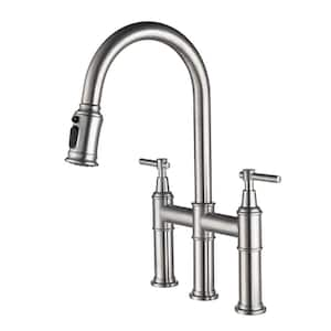 Double Handle Bridge Kitchen Faucet with Pull-Down Sprayhead, 360-degree Rotating Nozzle in Brushed Nickel