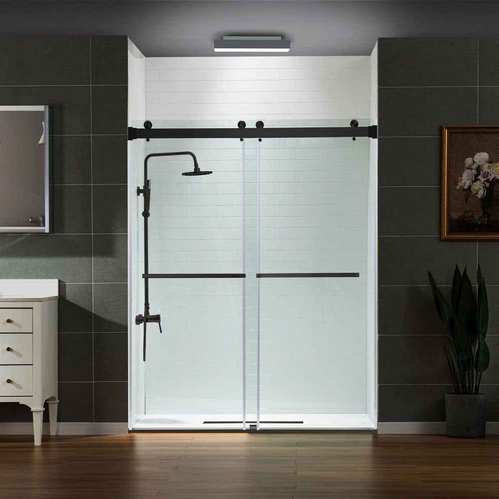 Matte Black Frameless Sliding Shower Door with Clear Tempered Glass