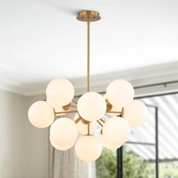 HUOKU Carla 13-Light 23.6 in. W Brushed Gold Modern Chandelier with Bubble Cluster Light Glossy Opal Glass for Living Room