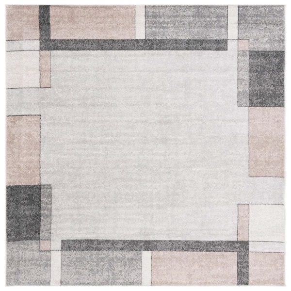 Phoenix 7 ft. x 7 ft. Light Gray/Beige Charcoal Geometric Border Square Area Rug