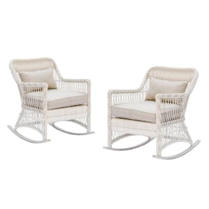 Pearson Antique White Wicker Outdoor Rocking Chair with Tan Cushions (2-Pack)