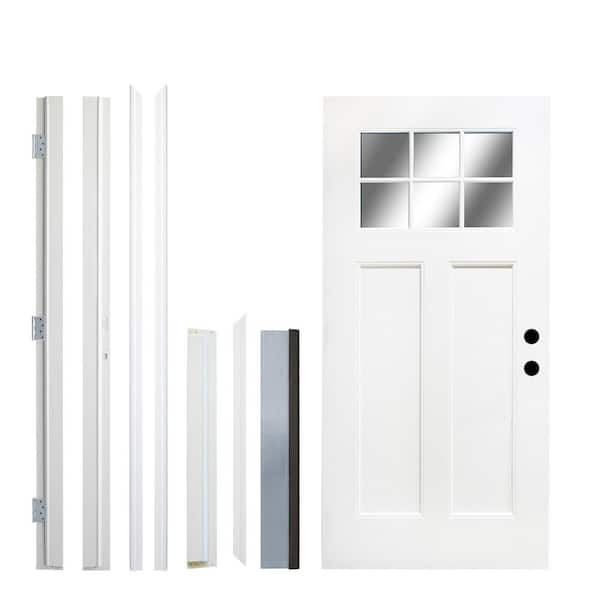 36 in. x 80 in. Left-Hand 6 Lite Clear Glass Smooth White Primed Fiberglass Prehung Front Door with Hinges, Threshold