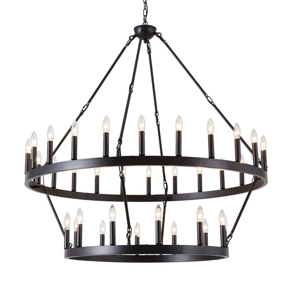 36-Lights Black Wagon Wheel Chandelier 2 Tier 48 in. Extra Large Farmhouse 