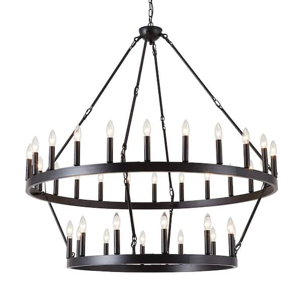 36-Lights Black Wagon Wheel Chandelier 2 Tier 48 in. Extra Large Farmhouse Light Fixture Round Wagon Wheel Chandeliers