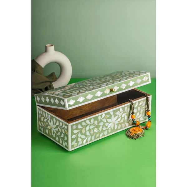 GAURI KOHLI Jodhpur Mother of Pearl Decorative Box - Olive 16 in.